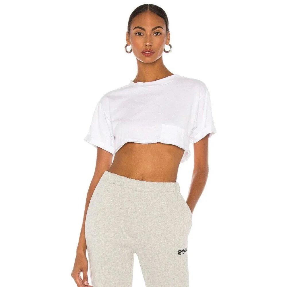 h:ours Size XL Solid‎ White Cropped Pocket Tee Short Sleeve Revolve